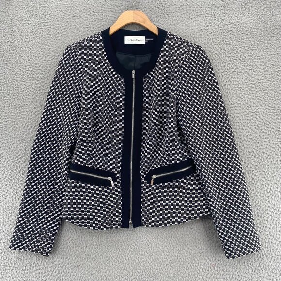 Calvin Klein Jacket Womens 6 Black Check Full Zip Pockets Round Neck Office Work - Picture 1 of 11